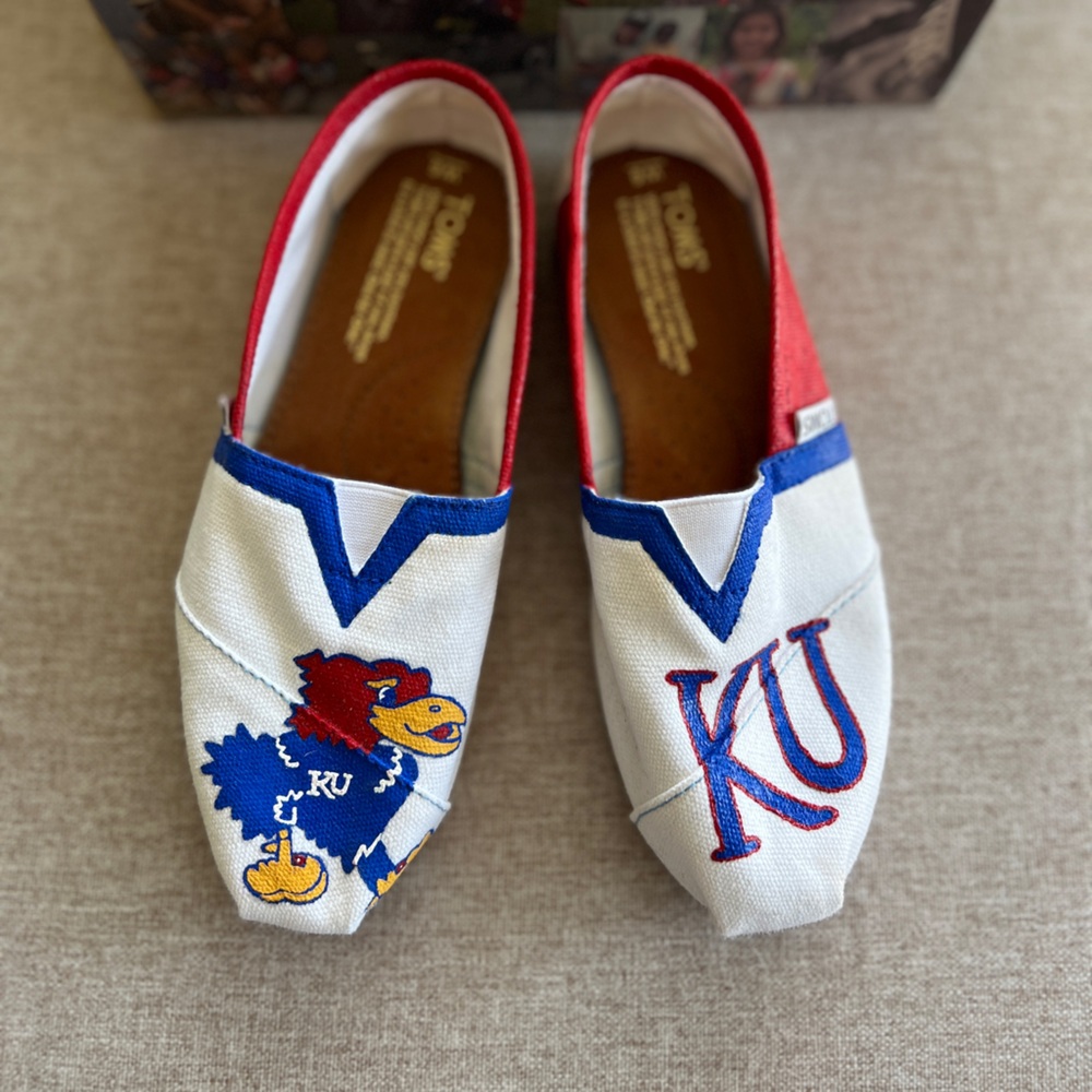 Custom Hand-Painted KU Jayhawks Toms Women’s White Flats Loafers